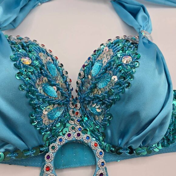 Belly Fancy Bra Blue Sequins Tassle Rhinestone Size 34 - Picture 2 of 8